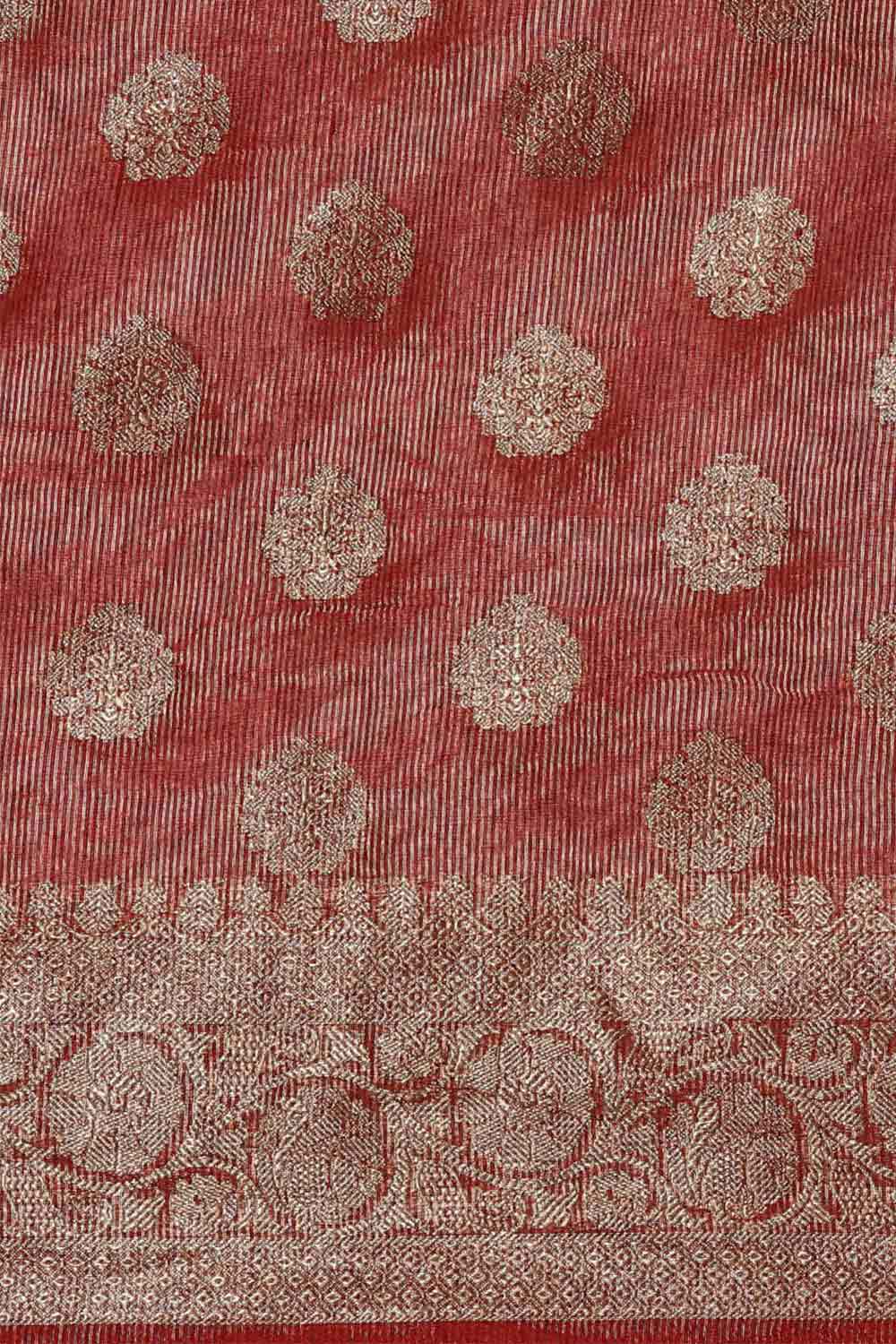 Buy Pure Linen Zari Woven Saree in Maroon Online - Front