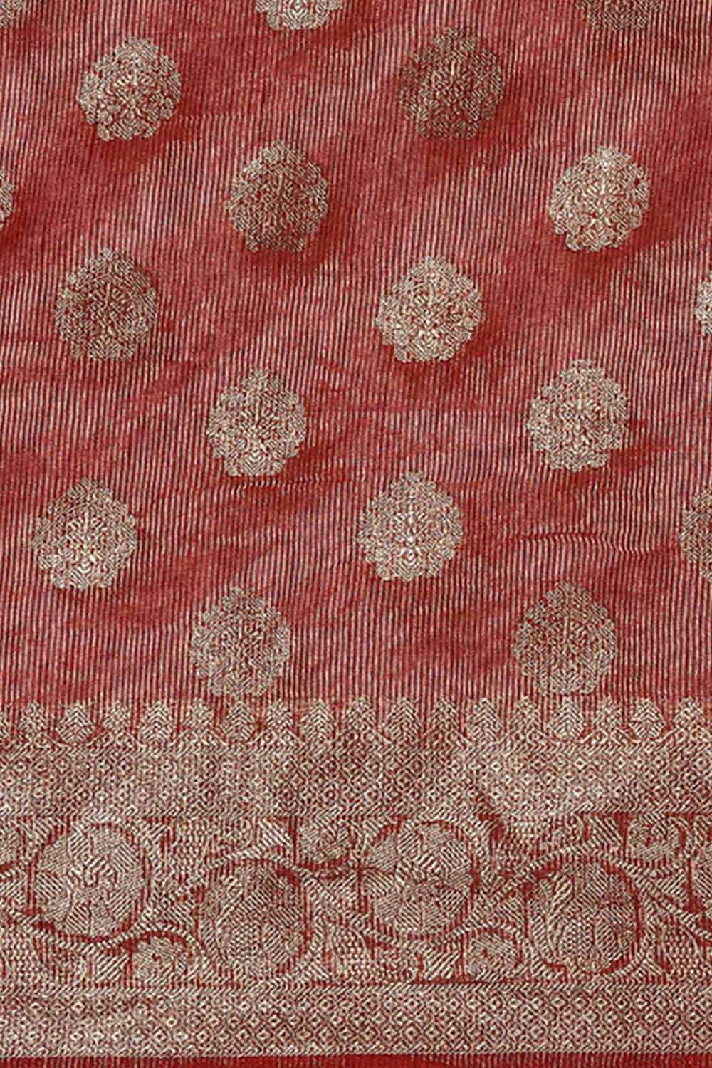 Buy Pure Linen Zari Woven Saree in Maroon Online - Side