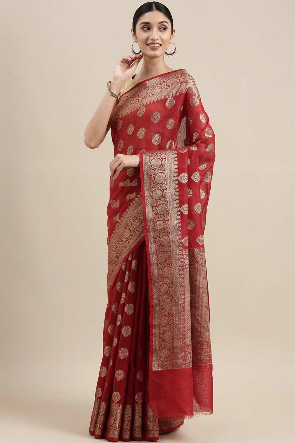 Buy Pure Linen Zari Woven Saree in Maroon Online