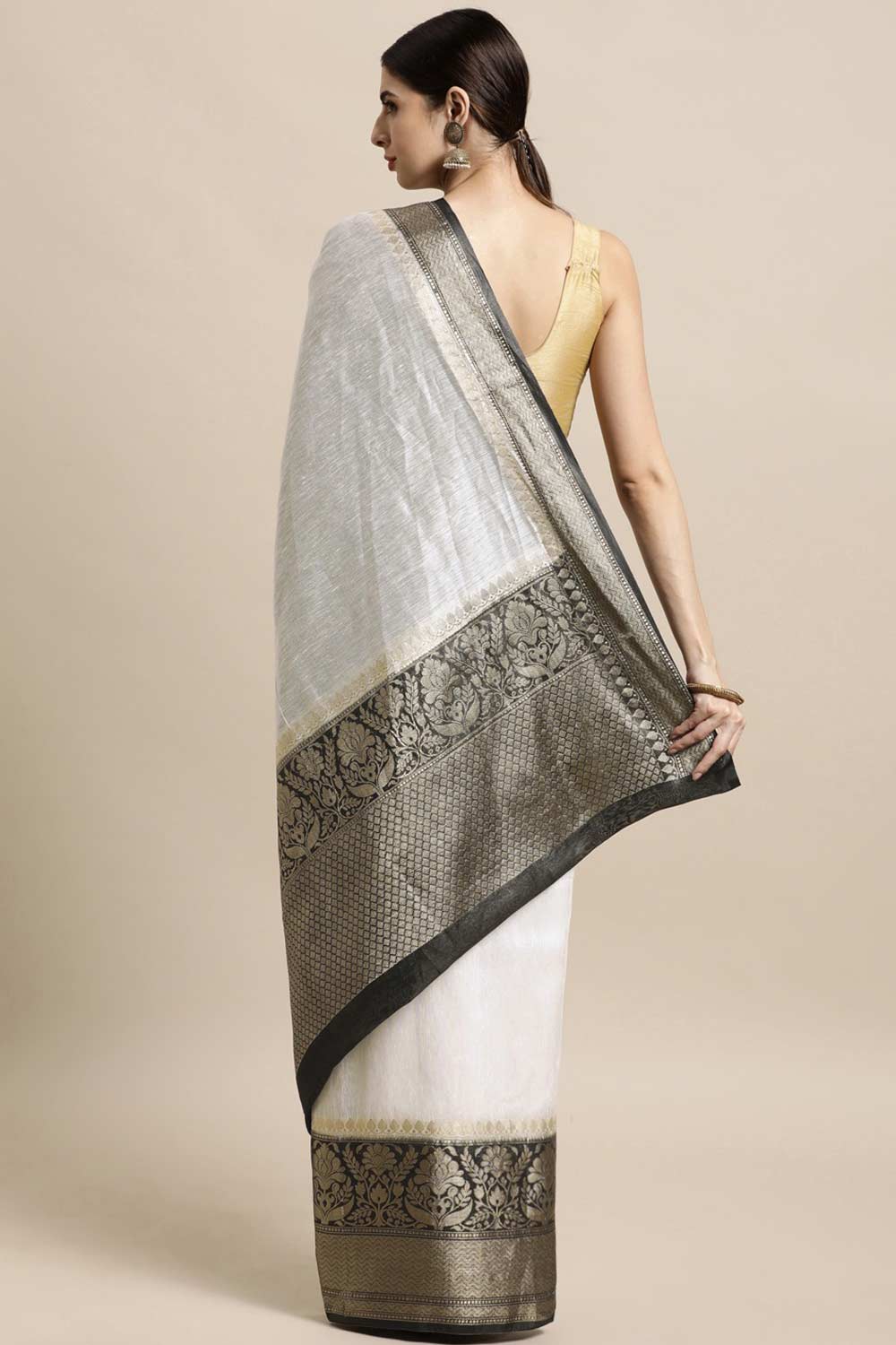 Buy Linen Blend Zari Woven Saree in White Online - Back