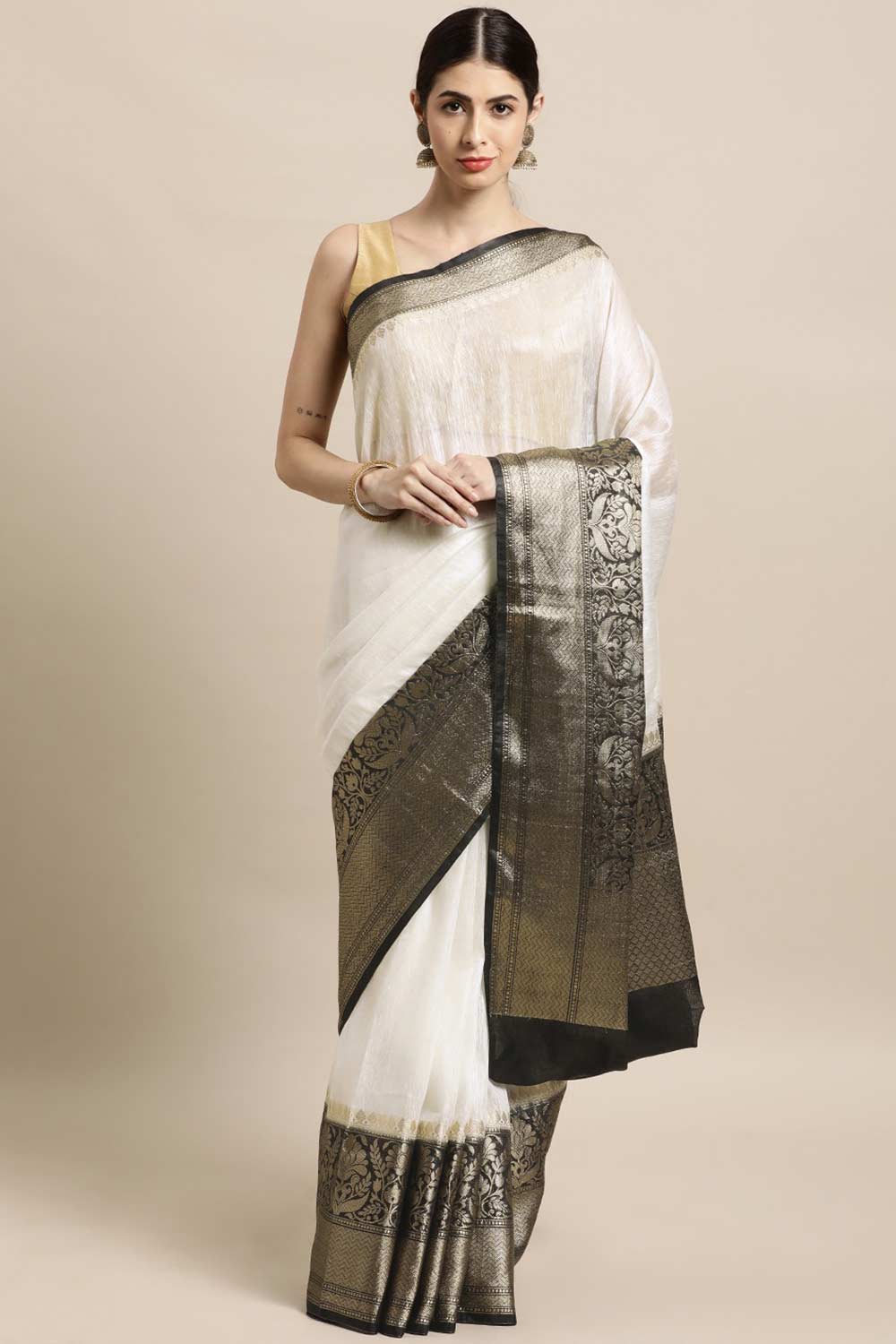 Buy Linen Blend Zari Woven Saree in White Online