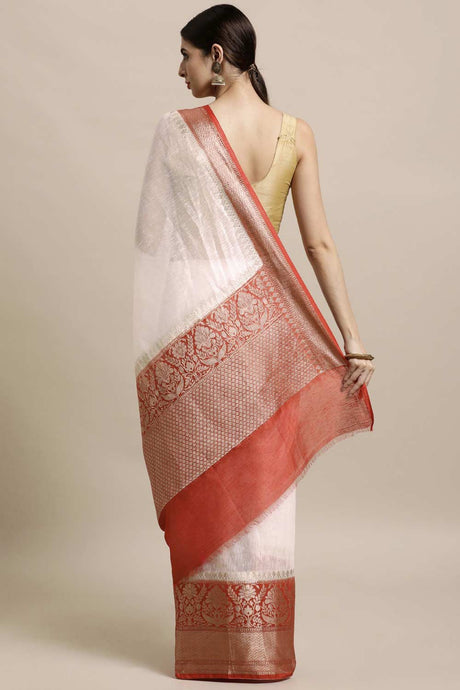 Buy Linen Blend Zari Woven Saree in White Online - Back