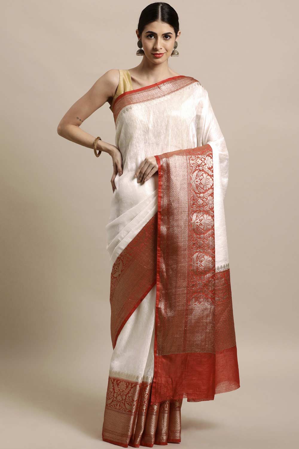 Buy Linen Blend Zari Woven Saree in White Online