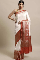 Buy Linen Blend Zari Woven Saree in White Online