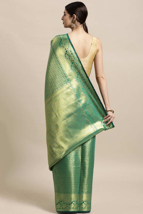 Buy Silk Blend Zari Woven Saree in Green Online - Back