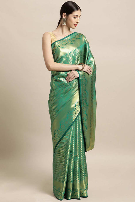 Buy Silk Blend Zari Woven Saree in Green Online