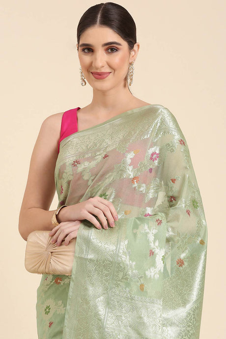 Green Silk Blend Floral Saree