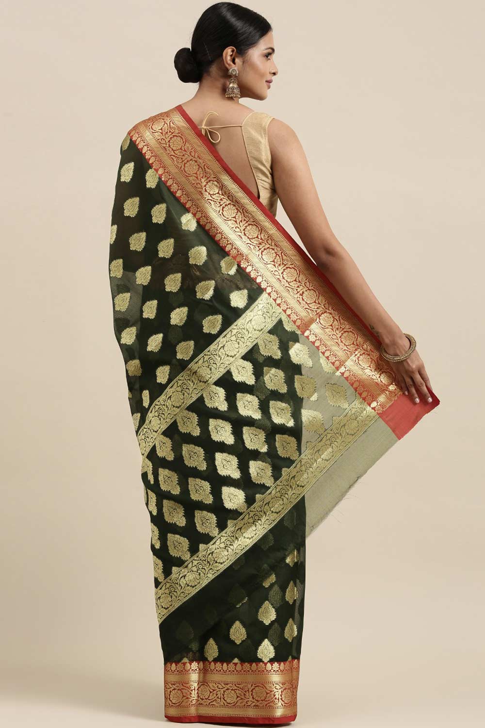 Buy Art Silk Zari Woven Saree in Green Online - Back