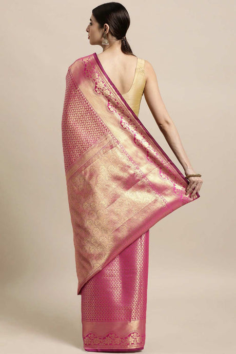 Buy Silk Blend Zari Woven Saree in Pink Online - Back