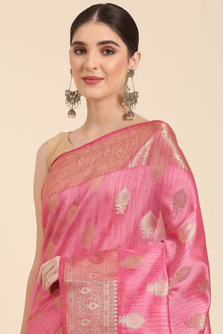 Pink Silk Blend Self-design Saree