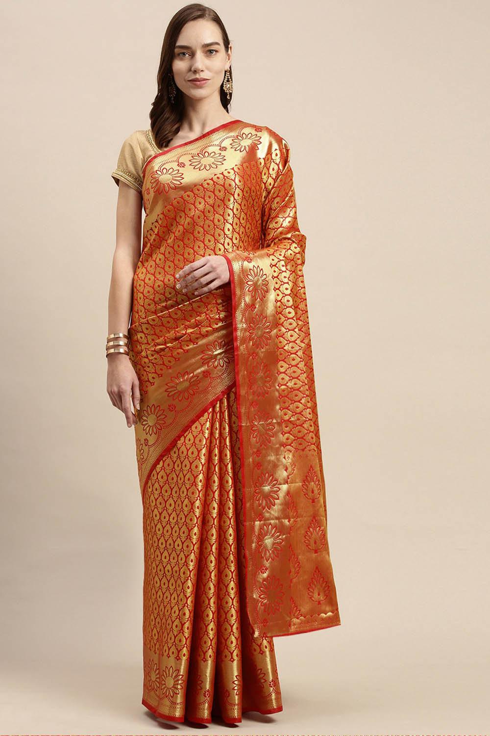 Buy Art Silk Woven Saree in Red