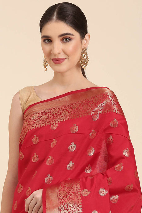 Red Silk Blend Self-design Saree