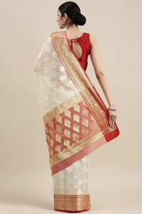 Buy Art Silk Zari Woven Saree in White Online - Back