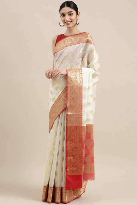 Buy Art Silk Zari Woven Saree in White Online