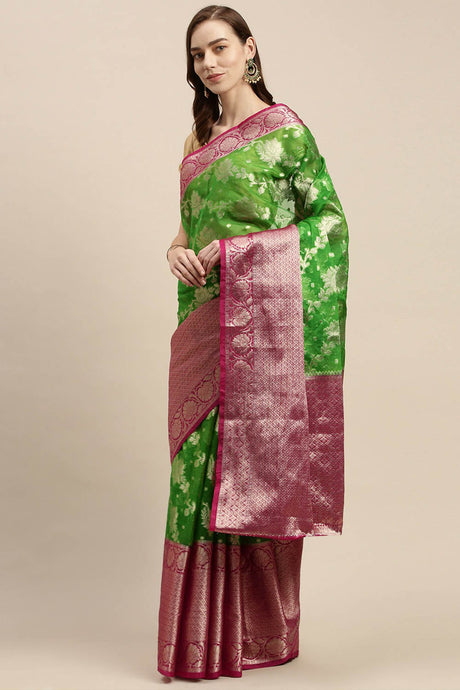 Buy Organza Woven Saree in Green