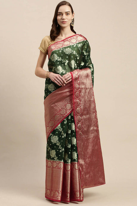 Buy Organza Woven Saree in Dark Green