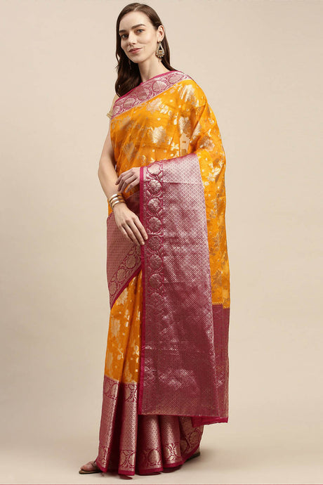 Buy Organza Woven Saree in Yellow