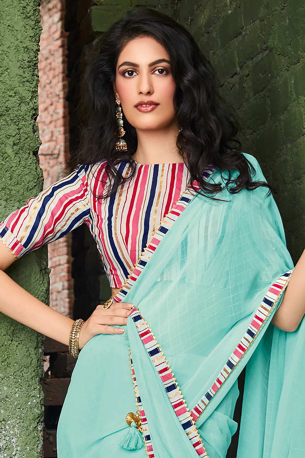 Georgette Sea Green Printed Designer Saree