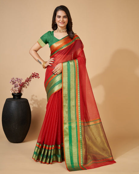 Red Semi Cotton Doriya Saree