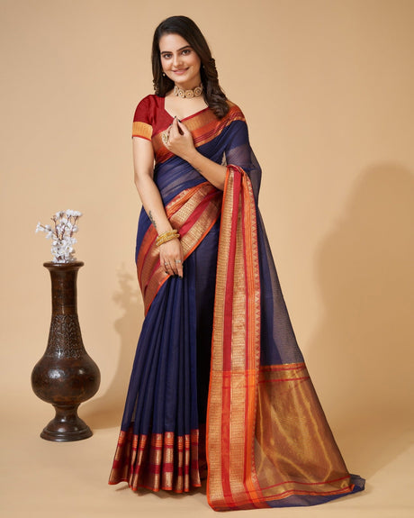 Blue Semi Cotton Doriya Saree