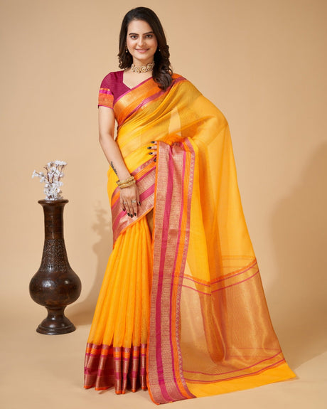 Yellow Semi Cotton Doriya Saree