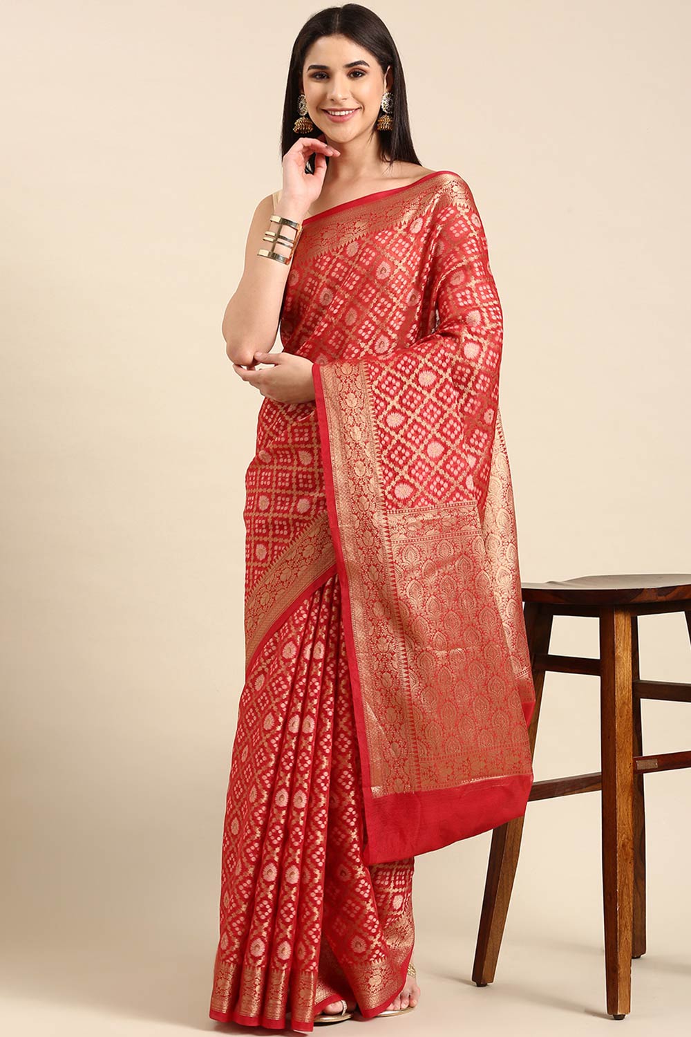 Red Art Silk Block Saree