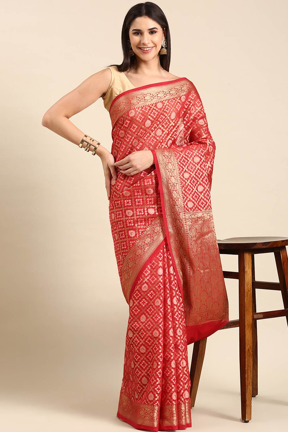 Red Art Silk Block Saree