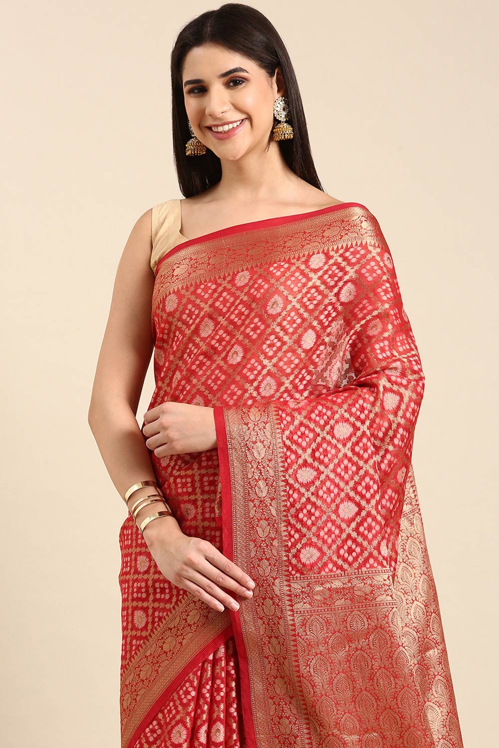 Red Art Silk Block Saree