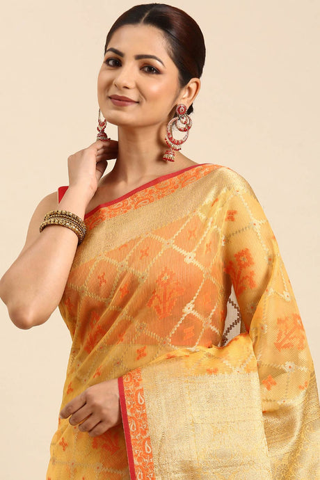 Yellow Art Silk Block Saree