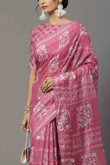 Soft Silk Pink Printed Designer Saree With Blouse