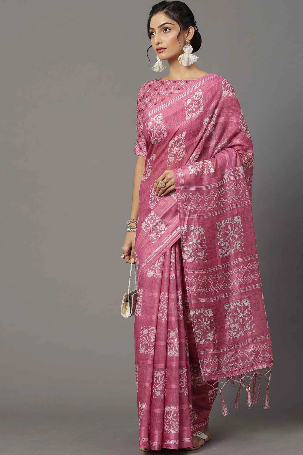 Soft Silk Pink Printed Designer Saree With Blouse