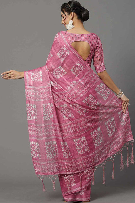 Soft Silk Pink Printed Designer Saree With Blouse