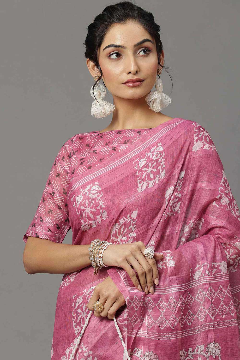 Soft Silk Pink Printed Designer Saree With Blouse