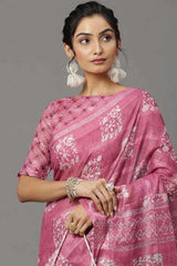 Soft Silk Pink Printed Designer Saree With Blouse