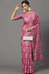 Soft Silk Pink Printed Designer Saree With Blouse