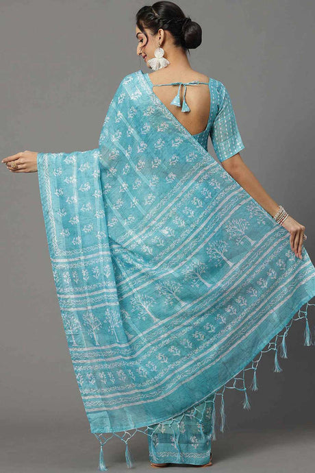 Soft Silk Turquoise Printed Designer Saree With Blouse