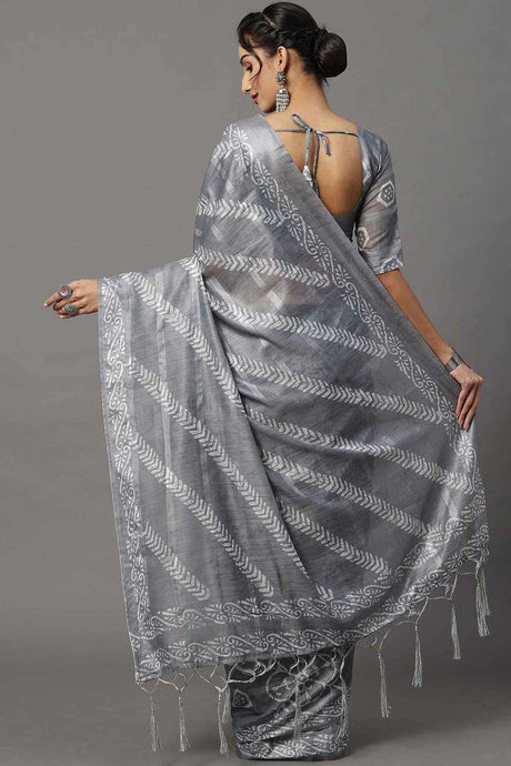 Soft Silk Grey Printed Designer Saree With Blouse