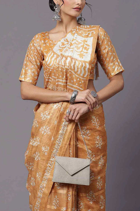 Soft Silk Beige Printed Designer Saree With Blouse