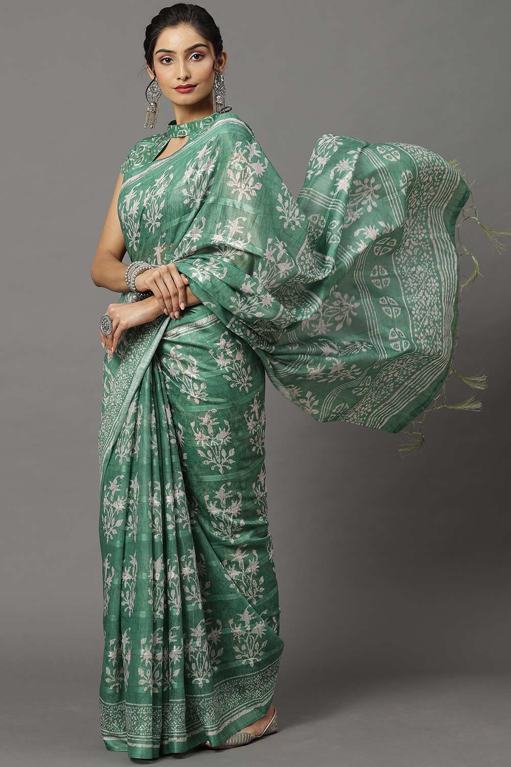 Soft Silk Sea Green Printed Designer Saree