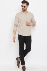 Buy Men's Blended Cotton Solid Short Kurta in Cream - Back