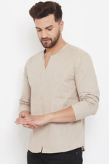 Buy Men's Blended Cotton Solid Short Kurta in Cream - Front