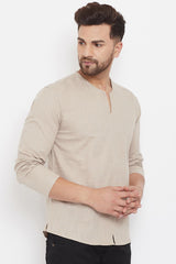 Buy Men's Blended Cotton Solid Short Kurta in Cream - Side