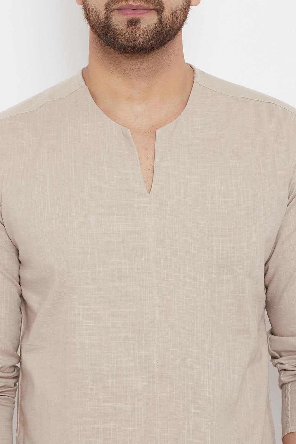 Buy Men's Blended Cotton Solid Short Kurta in Cream - Zoom Out