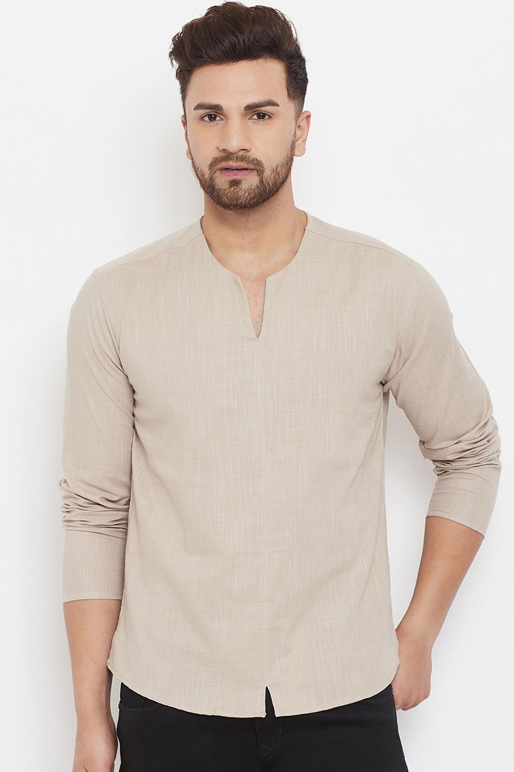 Buy Men's Blended Cotton Solid Short Kurta in Cream Online