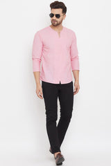 Buy Men's Blended Cotton Solid Short Kurta in Pink - Back