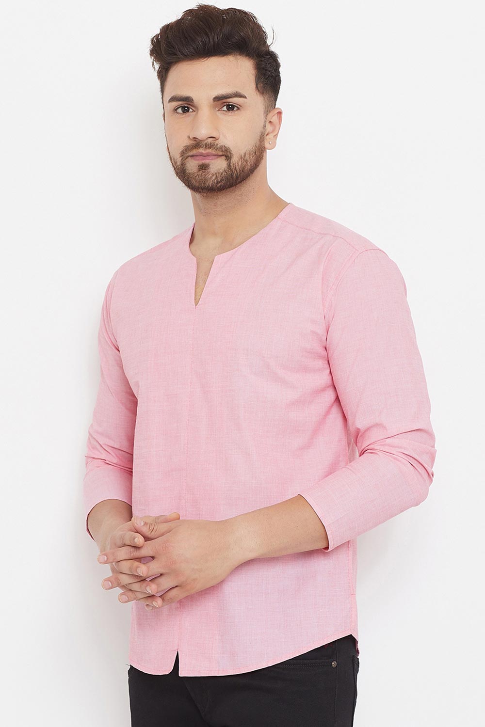 Buy Men's Blended Cotton Solid Short Kurta in Pink - Front