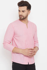 Buy Men's Blended Cotton Solid Short Kurta in Pink - Side