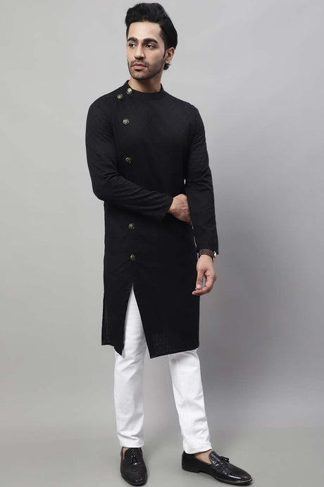 Buy Men's Black Cotton Self Design Long Kurta Top Online - Back