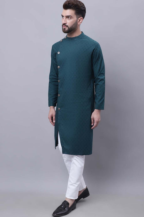 Buy Men's Green Cotton Self Design Long Kurta Top Online - Back