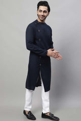 Buy Men's Blue Cotton Linen Solid Long Kurta Top Online - Back